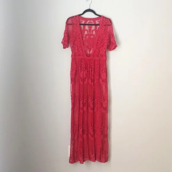 Red Lace V-Neck Women's Dress - Picture 2 of 14
